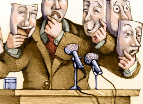 image of speaker with several masks (used in order to put on several faces and thus persuade members of the audience)